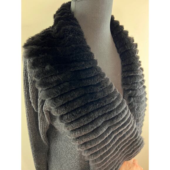 THEORY Gray Long Sleeve Maritza Fur Genuine Rabbit Collar Wool Cardigan Size L - Picture 5 of 9